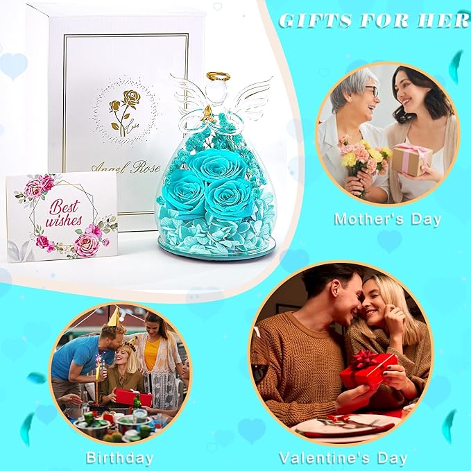 Beferr Christmas Birthday Gifts for Women, Mom Gifts for Christmas Fresh Flowers for Delivery Prime Forever Preserved Rose in Glass Angel Figurine Xmas Gifts for Grandma Wife Sister Her, TBlue