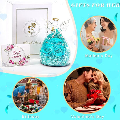 Beferr Christmas Birthday Gifts for Women, Mom Gifts for Christmas Fresh Flowers for Delivery Prime Forever Preserved Rose in Glass Angel Figurine Xmas Gifts for Grandma Wife Sister Her, TBlue