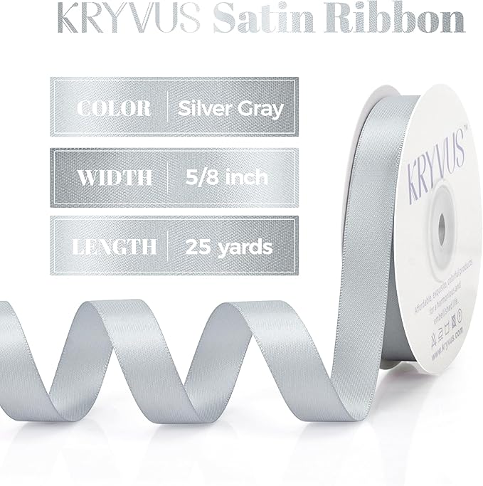 Silver Gray Satin Ribbon, Double Faced 5/8 Inch X 25 Yards Silver Gray Ribbon, Premium Satin Ribbon for Gift Wrapping, Crafts, Hair Bow Making, Sewing, Flower Bouquet, Wedding Party Decor