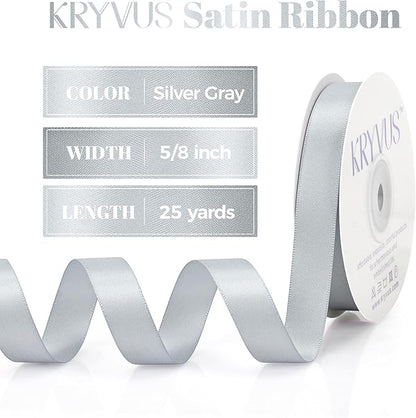 Silver Gray Satin Ribbon, Double Faced 5/8 Inch X 25 Yards Silver Gray Ribbon, Premium Satin Ribbon for Gift Wrapping, Crafts, Hair Bow Making, Sewing, Flower Bouquet, Wedding Party Decor