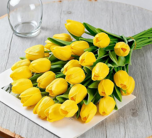 Yellow Faux Tulips (20 Pcs) - Premium PU Artificial Flowers for Christmas & Thanksgiving Table Setting, Winter DIY Home Decor - 13.5" Real Touch