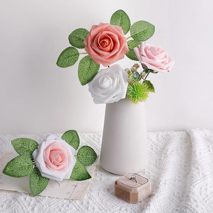AmyHomie 25pcs Real Looking Artificial Shades of Blush Roses w/Stem for DIY Wedding Bouquets Centerpieces Arrangements Party Baby Shower Valentines Day Christmas Tree Decorations