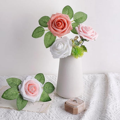 AmyHomie 25pcs Real Looking Artificial Shades of Blush Roses w/Stem for DIY Wedding Bouquets Centerpieces Arrangements Party Baby Shower Valentines Day Christmas Tree Decorations