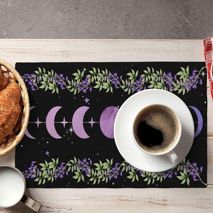 Boho Moon Flowers Placemats Set of 6,Natural Plant Moon Phase Moonlight Kitchen Party Event Table Decor,12x18 Inch,Purple 6 PCS, Style-11