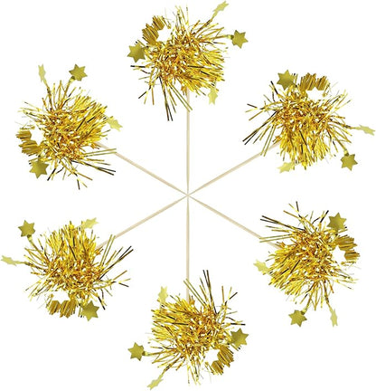 Gyufise 30Pcs Star Foil Firework Cupcake Toppers Sparkle Tinsel Cake Toppers Tinsel Drink Cake Decoration Cocktail Picks for Birthday Wedding Graduation Party Supplies Gold