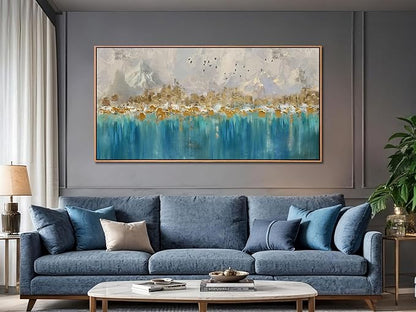 Arjun Framed Abstract Wall Art for Living Room Gold Blue Textured Large Canvas Art Wall Decor Bedroom Painting, Modern Picture Grey Mountain Artwork Home Office Wall Decoration, 48"x24"