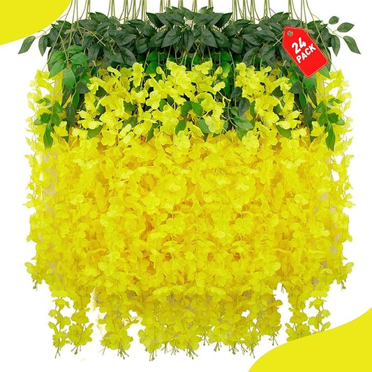 24 Pack Yellow Wisteria Hanging Flowers, 3.4 Ft Fake Hanging Flowers, Artificial Wisteria Garland Vines for Wedding Room Backdrop Outdoor Patio Garden Decoration