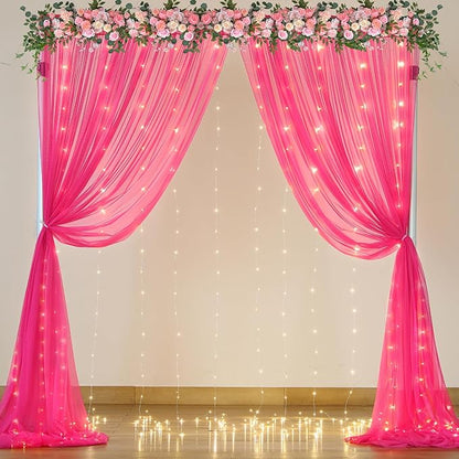 10ft x 10ft Hot Pink Tulle Photo Backdrop Curtain with Lights String for Parties Wedding Sheer Fuchsia Curtain Backdrop for Birthday Party Bridal Shower Photo Booth Photography Background Decorations
