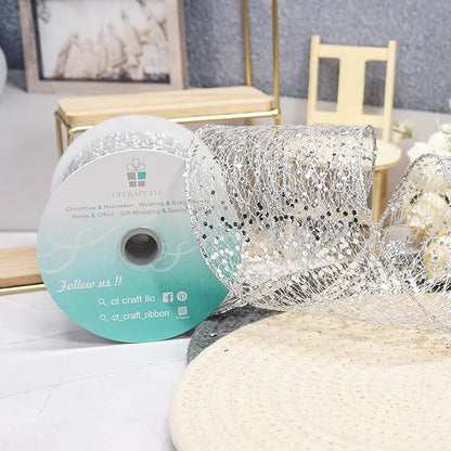 CT CRAFT LLC Sparkling Glitter Mesh Wired Ribbon 4" x 10 Yards Silver for Christmas Home Decor Bow Gift Wrapping DIY Crafts Wreath