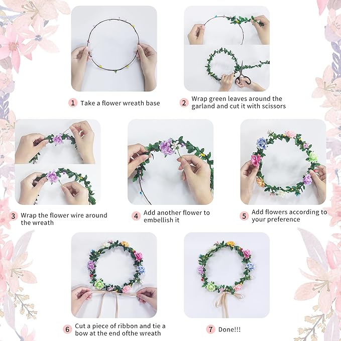 Flower Crowns Making Kit,20 Sets Make Your Own Flower Crown Crafting Kit Blooming Rose Wreath Headband and Bracelet Making Kit DIY Floral Crown Wedding Party Fairy Hair Accessories Gift for Girls
