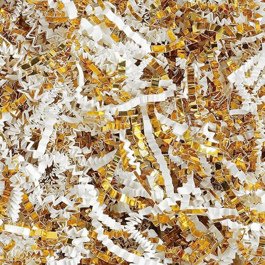 Uptotop 1 LB Crinkle Cut Paper Shred Filler for Gift Wrapping Basket Filling, Birthday, Christmas, Thanksgiving, Wedding, Mother's Day, White and Gold