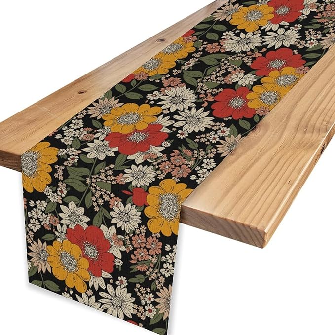 Boho Floral Table Runner, Colorful Vintage Flower Bohemian Floral Print Table Decor for Home Kitchen Dining Patio Holiday Party Indoor Outdoor Table Decorations 13x72 inch