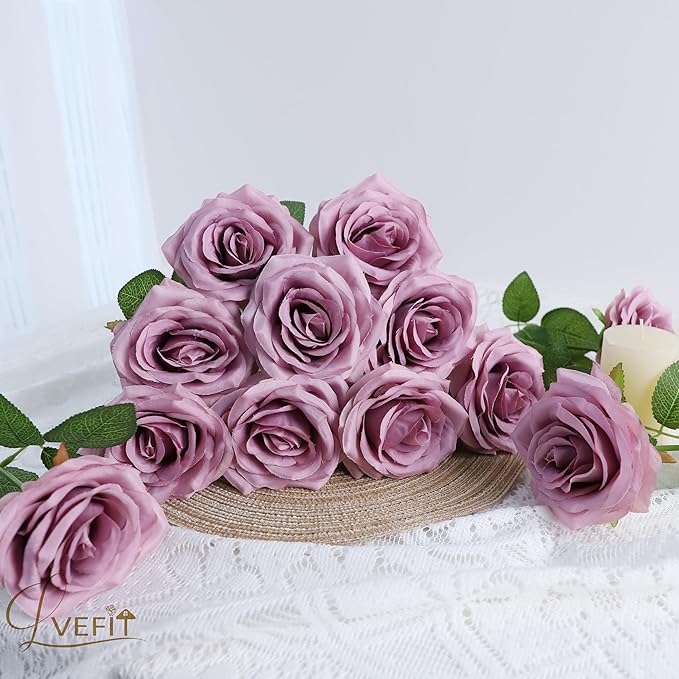 12pcs Artificial Rose Flower Mauve Rose Flower with Long Stem Silk Roses Bouquet for Wedding Bridal Shower Party Home Decoration