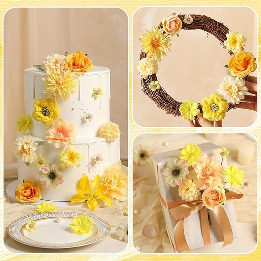 Artificial Flower Heads Combo - 48pcs Yellow Silk Flowers Bulk Faux Rose for Wedding Decor, Bridal Bouquets, Graduation Parties, Cake Toppers & Home DIY Crafts