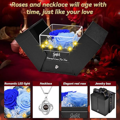 2 Preserved Rose Gift for Women - Eternal Rose with I Love You Necklace - Romantic Birthday Gifts for Girlfriend Mom Her Wife Grandma on Valentines Mothers Day Anniversary Christmas-Blue
