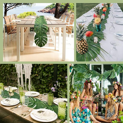 AerWo 4Pcs Artificial Palm Leaves Table Runners 72 Inch, Tropical Palm Leaves Table Runner Faux Leaf Table Cloth for Wedding Hawaiian Luau Jungle Summer Party Tropical Baby Shower Table Decorations