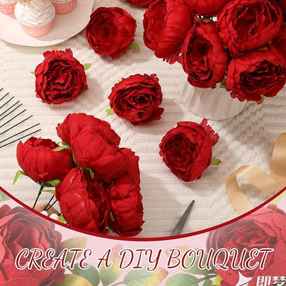 50 Pcs Artificial Peony Flower Bulk 3.5 Inch Silk Peony Flowers Heads with Stems Realistic Fake Roses for DIY Wedding Party Craft Bridal Bouquets Table Centerpieces Vase Home Decor(Red)