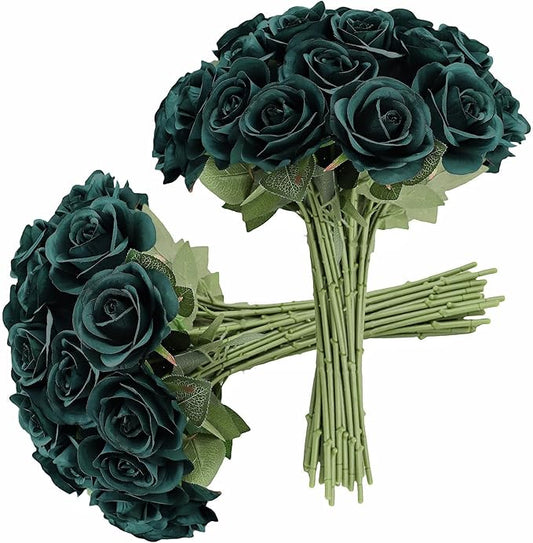 30pcs Roses Artificial Flowers Peacock Green Roses Flowers with Long Stems Silk Flowers for Wedding Bouquet Centerpices Decorations Party Bridal Baby Shower Home Décor Fake Roses
