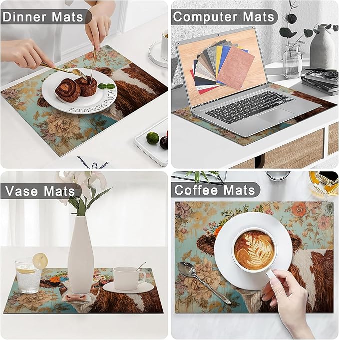 Farmhouse Cow Placemats Set of 4 Washable Table Mats Spring Cow Floral Heat-Resistant Cotton Linen Place Mats for Dining Table Kitchen Indoor Outdoor Party Holiday Decor