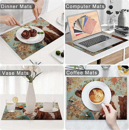 Farmhouse Cow Placemats Set of 4 Washable Table Mats Spring Cow Floral Heat-Resistant Cotton Linen Place Mats for Dining Table Kitchen Indoor Outdoor Party Holiday Decor
