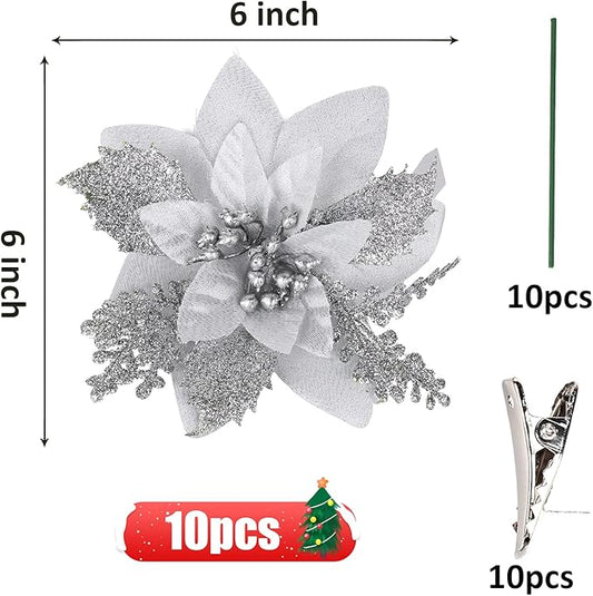 RECUTMS 10 Pieces Christmas Glitter Artificial Poinsettia Flowers Artificial Wedding Flowers Decorations Xmas Tree Ornaments 6-inch Decor Wreath Garland Holiday(Silver)