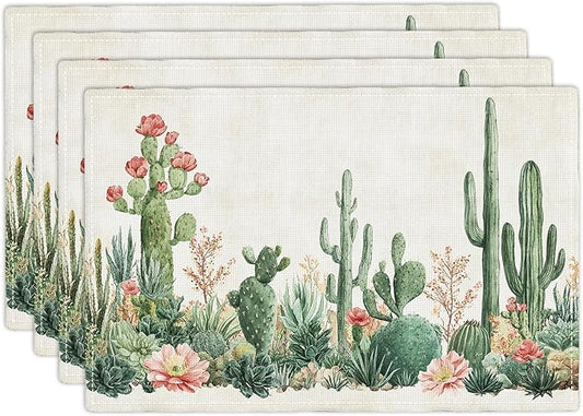 Cute Cactus Placemats Set of 4, Western Succulent Place Mats, Rustic Summer Plant Dining Table Mats, Washable Placemats for Kitchen Dining Room 18L'' × 12W''