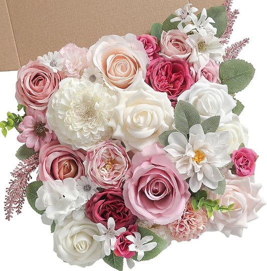 Artificial Flowers Combo Box Set White Pink Fake Roses Silk Flowers with Stems for DIY Wedding Bridal Bouquets,Floral Arrangement,Table Centerpieces,Baby Shower,Home Decorations