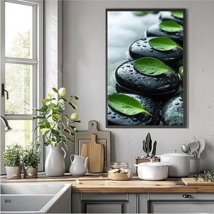 Glittering black stone cluster with fresh green leaves and water drops poster tranquil mist rain wall art zen wall art suitable for modern minimalist home decor 20x30in Metal blackFramed