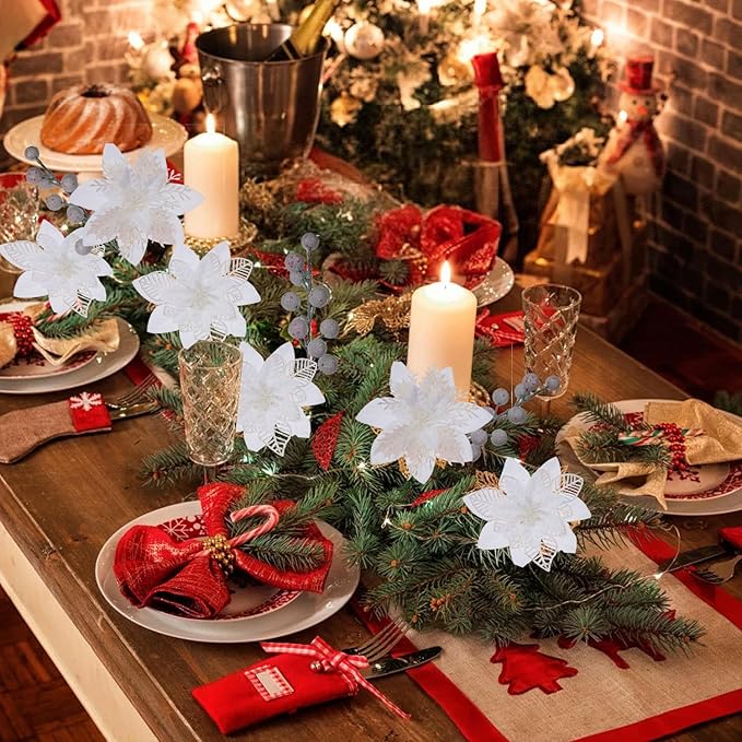 24 Pcs White Boxed Christmas Poinsettia Flowers Set, 16 Pcs Artificial Poinsettias with Clips, 8 pcs Glitter Christmas Tree Ornaments Berry Stems for Wedding Home Holiday Xmas New Year Decorations