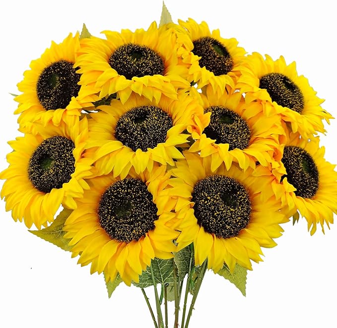 10 Pcs Sunflowers Artificial Flowers with Long Stems Silk Fake Large Sunflowers Bouquet Faux Sunflower Arrangement for Outdoor Indoor Home Vase Table Wedding Party Garden DIY Decor (Yellow)