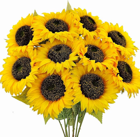 10 Pcs Sunflowers Artificial Flowers with Long Stems Silk Fake Large Sunflowers Bouquet Faux Sunflower Arrangement for Outdoor Indoor Home Vase Table Wedding Party Garden DIY Decor (Yellow)