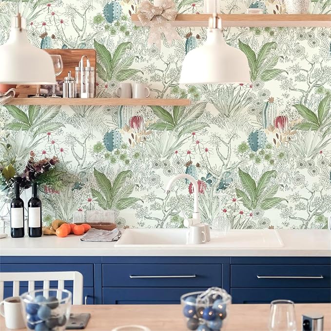 Wudnaye Boho Peel and Stick Wallpaper Catus Wallpaper 17.7" x 236.2"Vintage Floral Wallpapers Peel and Stick Botanical Removable Wall Paper Boho Self Adhesive Contact Paper for Bathroom Cabinets