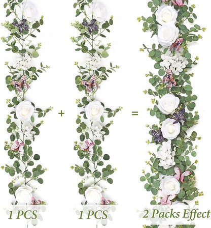 2Pcs 5.9 Ft Artificial Rose Vine Fake Flower Garland White Rose Hydrangea Vines with 3D Butterflies Hanging Floral Eucalyptus Garland for Wedding Party Background Arch Table Wall Home Decor