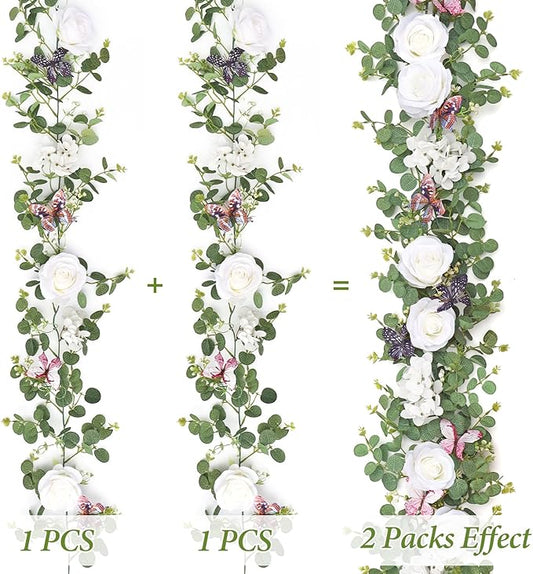 2Pcs 5.9 Ft Artificial Rose Vine Fake Flower Garland White Rose Hydrangea Vines with 3D Butterflies Hanging Floral Eucalyptus Garland for Wedding Party Background Arch Table Wall Home Decor