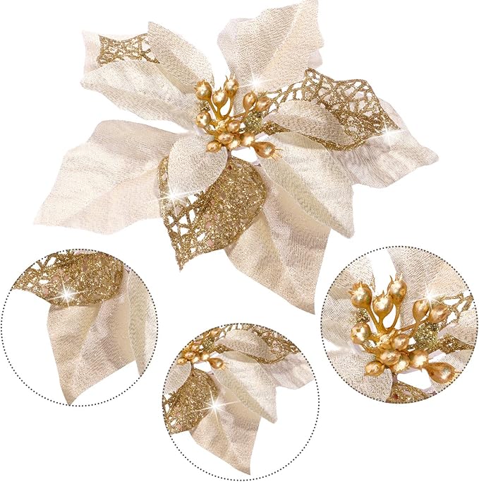 Boao 24 Pieces Christmas Artificial Glitter Poinsettia Flowers Xmas Flowers Wedding Christmas Tree New Year Ornaments(Gold)