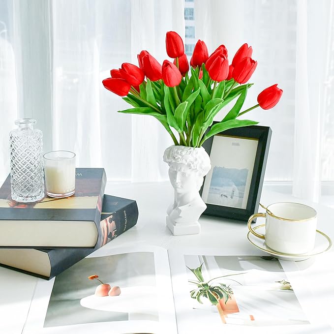 Mandy's Artificial Tulips 20 Stems Red PU Faux Flowers for Thanksgiving and Christmas Decorations Wedding Home Decor 13.5 Inch