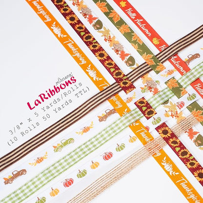 LaRibbons Fall Ribbons for Crafts 3/8 Inch x 5 Yards/Roll 50Yards TTL,Orange Green Yellow Plaid Ribbon for Autumn Wreath Thanksgiving Christmas Farm Gift Wrapping Home Decor