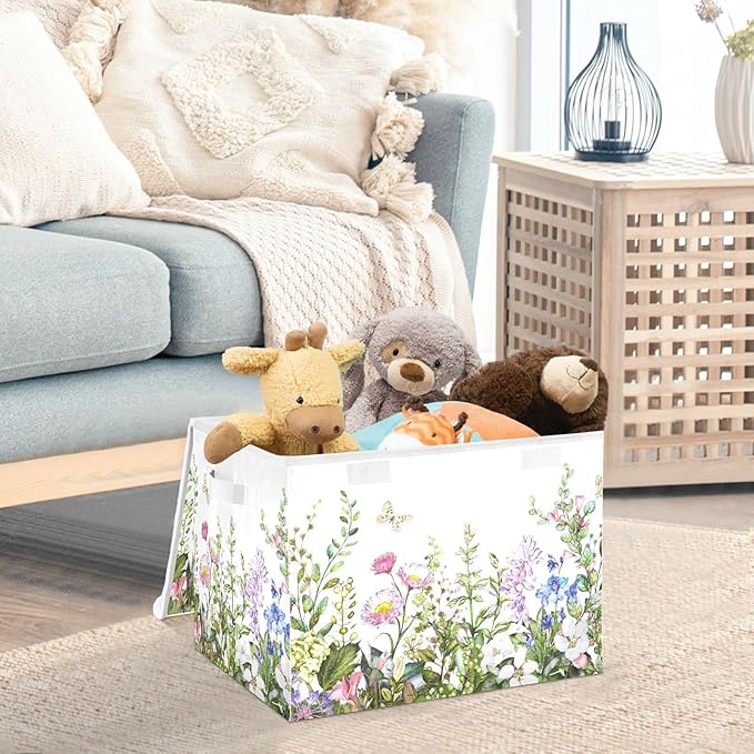 senya Spring Storage Baskets Collapsible Storage Bins with Lids, Spring Wild Flowers Butterfly Storage Boxes Clothes Baskets for Organizing