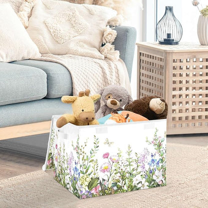 senya Spring Storage Baskets Collapsible Storage Bins with Lids, Spring Wild Flowers Butterfly Storage Boxes Clothes Baskets for Organizing