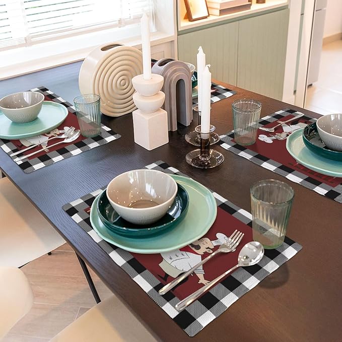 Chef Kitchen Linen Placemats Set of 4 Black White Buffalo Plaid Cooking Theme Placemats for Indoor Outdoor Party Home Desktop Dining Room Decor 12x18 Inch