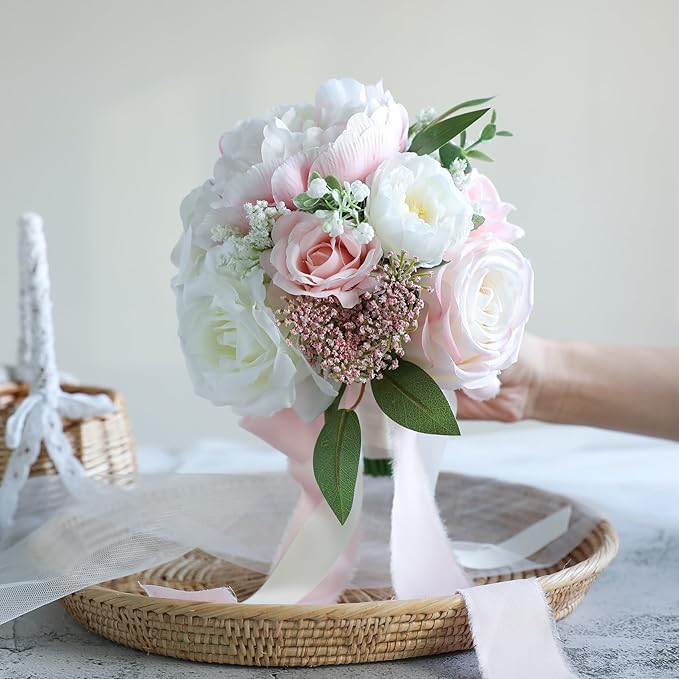 ponatia Blush Pink Wedding Bouquets for Bride Bridesmaid, Ivory Artificial Roses Flowers for Wedding Bouquets Ceremony, Anniversary