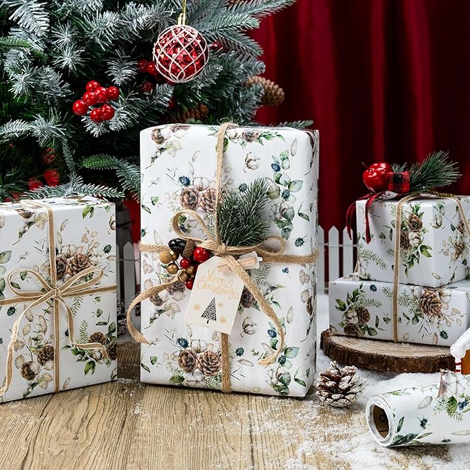 MAYPLUSS Christmas Wrapping Paper Roll - 17 In x 33 Feet - Cute Watercolor Christmas Pinecone Gift Wrap Paper for New Year, Holiday, Kids