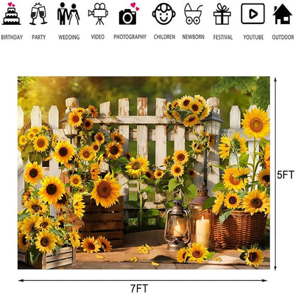 Rustic Sunflowers Backdrop Rustic Wooden Fence Sunflower Floral Photography Background for for Girls Woman Garden Party Banner Decoraitons Portrait Photo Booth Studio Props 7x5ft FU013DX