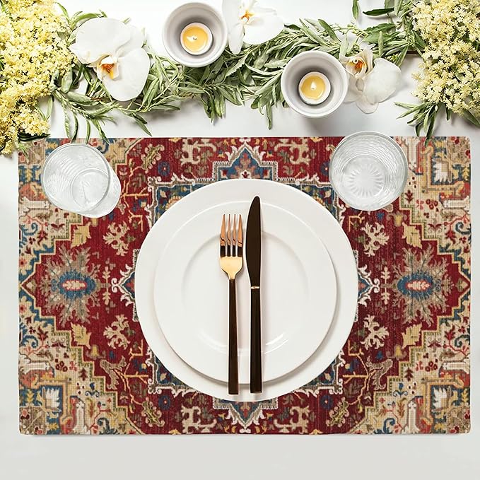 Retro Boho Carpet Placemats Set of 4,Boho 12x18 Inch Non-Slip Washable Heat Resistant Linen Fabric Table Mats,Place Mats for Holiday Party