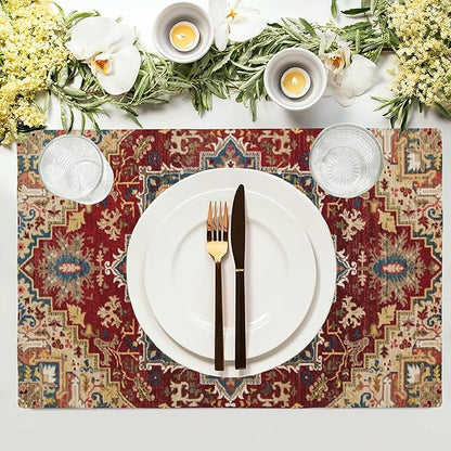 Retro Boho Carpet Placemats Set of 4,Boho 12x18 Inch Non-Slip Washable Heat Resistant Linen Fabric Table Mats,Place Mats for Holiday Party