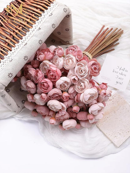 Meldel 32Pcs Ranunculus Artificial Flower, Faux Dusty Rose Ranunculus Flowers for DIY Bouquet, Mini Roses Bulk Fake Peony Wedding Filler Flowers for Centerpieces Arrangements Bridal Shower Decorations