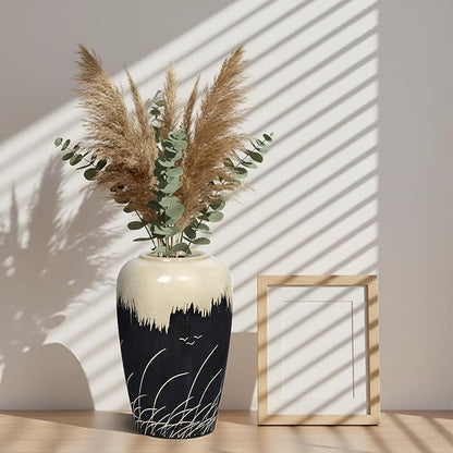 Black and White Vase, 8 Inch Modern Ceramic Vase for Pampas Grass, Farmhouse Decorative Vases for Home Decor, Centerpiece for Kitchen Table, Living Room Shelf Decor