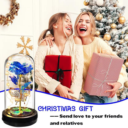 Birthday Rose Flower Gifts for Women, Mothers Day Glass Rose Gift for Mom from Daughter Son, Colorful Blue Rainbow Rose in Glass Dome with Music Box, Light Up Rose in Glass Dome for Her Wife Grandma