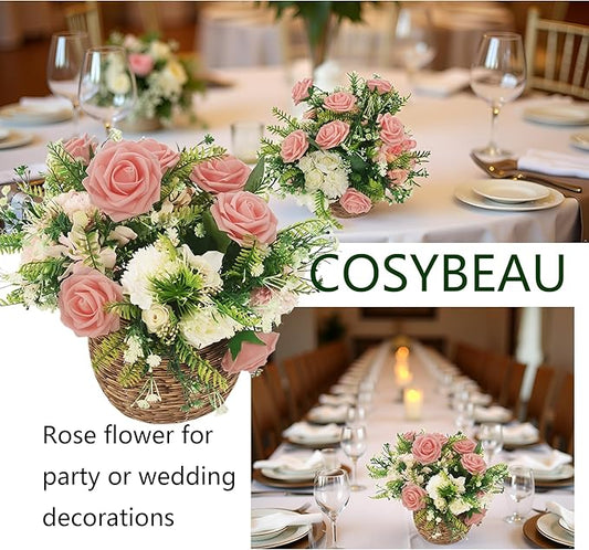 Artificial Flowers 25pcs Fake Roses, Peach Pink Foam Rose Faux Flower for DIY Wedding Bouquets Bridal Shower Centerpieces Floral Arrangements Home Decorations Party Backdrops Table