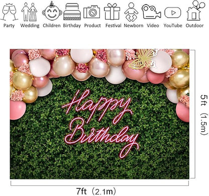 Riyidecor Green Leaves Happy Birthday Backdrop Polyester Fabric Neon Balloon Pink Flower Floral Butterfly Botanical Plant Bday 7Wx5H Feet Women Girls Photography Background Birthday Photo Studio Shoot
